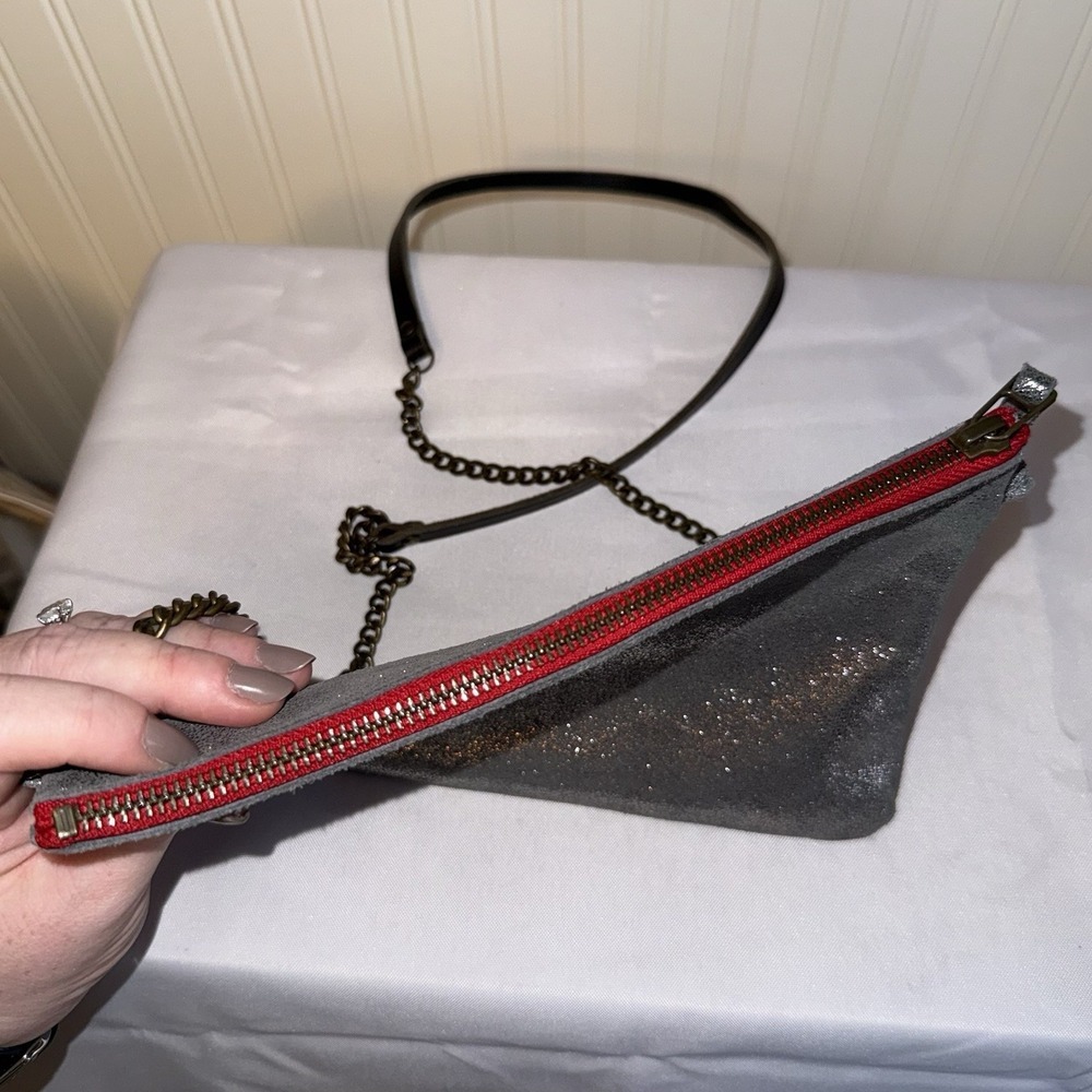 Rue De Bretagne Paris Gray Silver Metallic Leather Crossbody Bag Purse - Picture 5 of 12